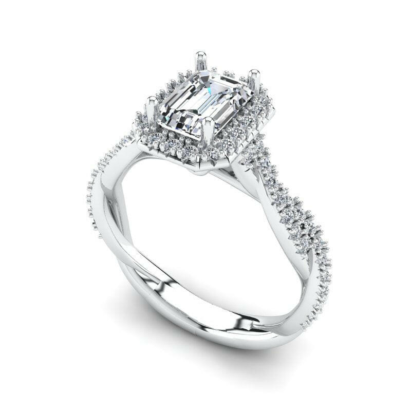 Single Halo Solitaire Emerald Cut Engagement Ring Cad 3D Model (P.CODE/ERSH-002-EC-RAD).